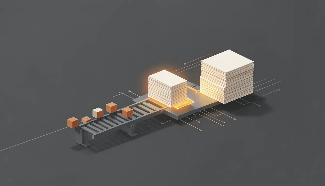 Illustration of small blocks on a conveyor becoming large bundles as they feed into a chip