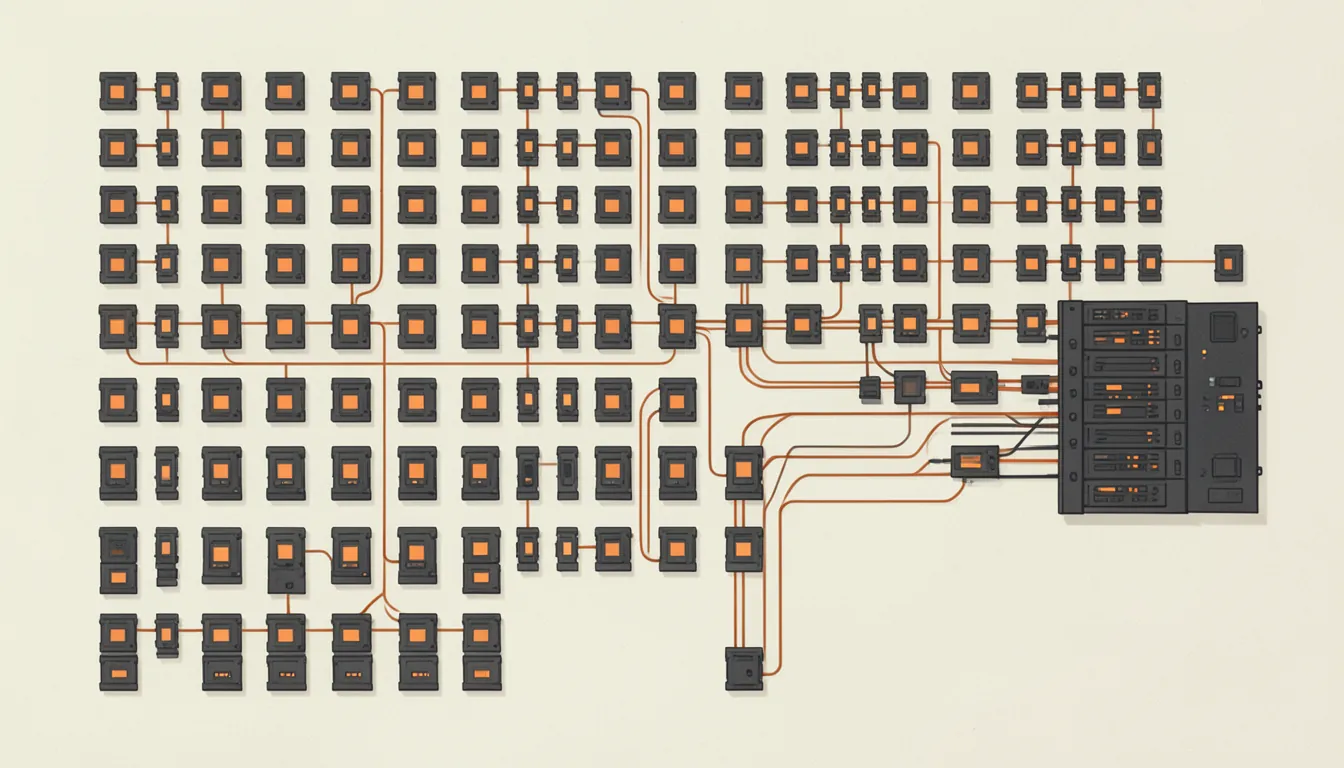 Illustration of a grid of small modules, a few lit in orange, wired to a memory rack
