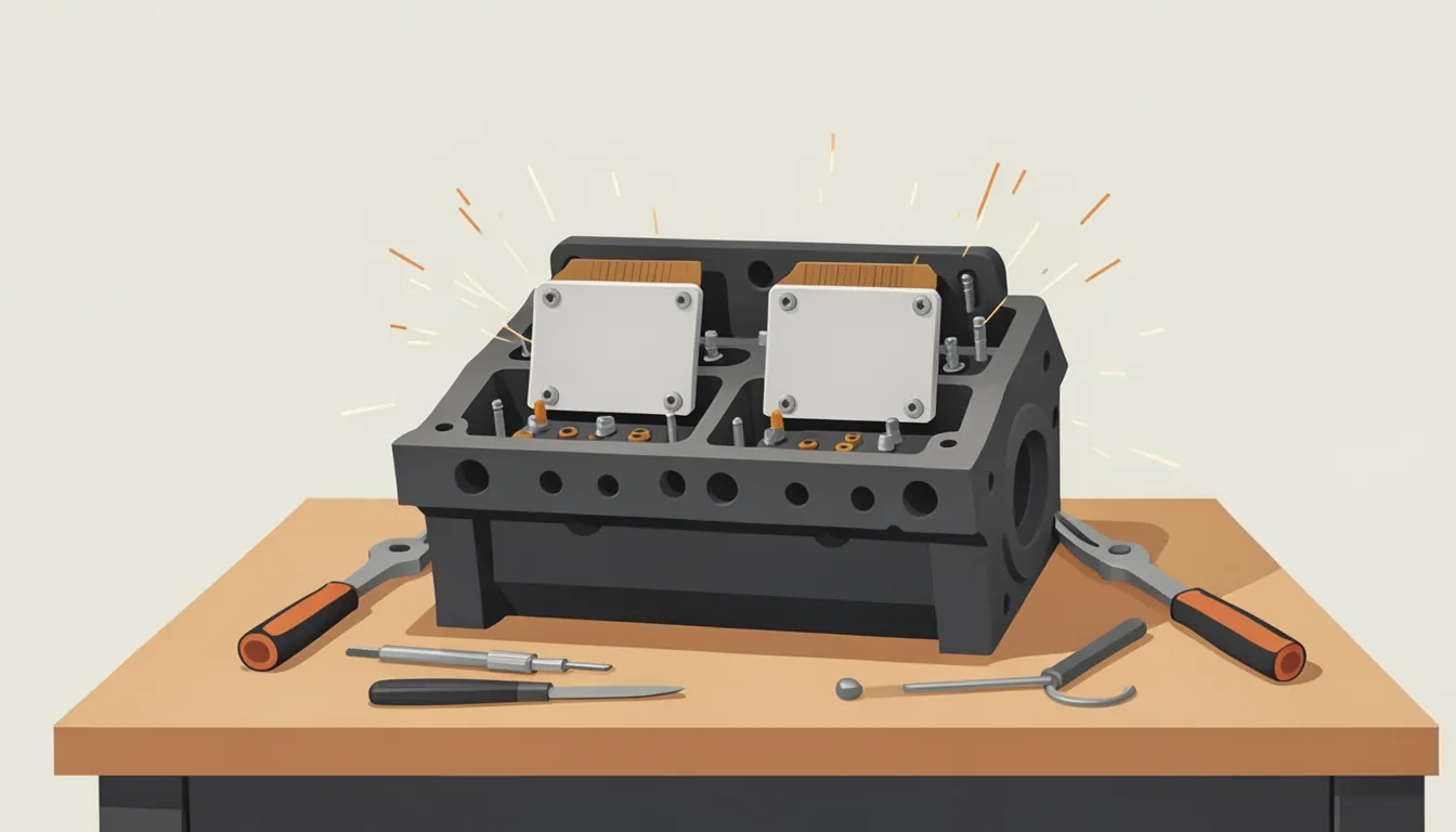 Illustration of a hand-built engine block holding two plain server cards on a workbench with tools