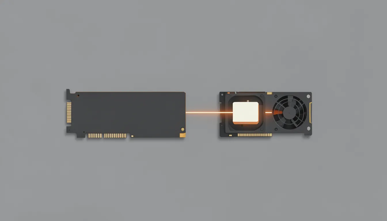 Illustration of a plain server card and a smaller fan-cooled card linked by a glowing line