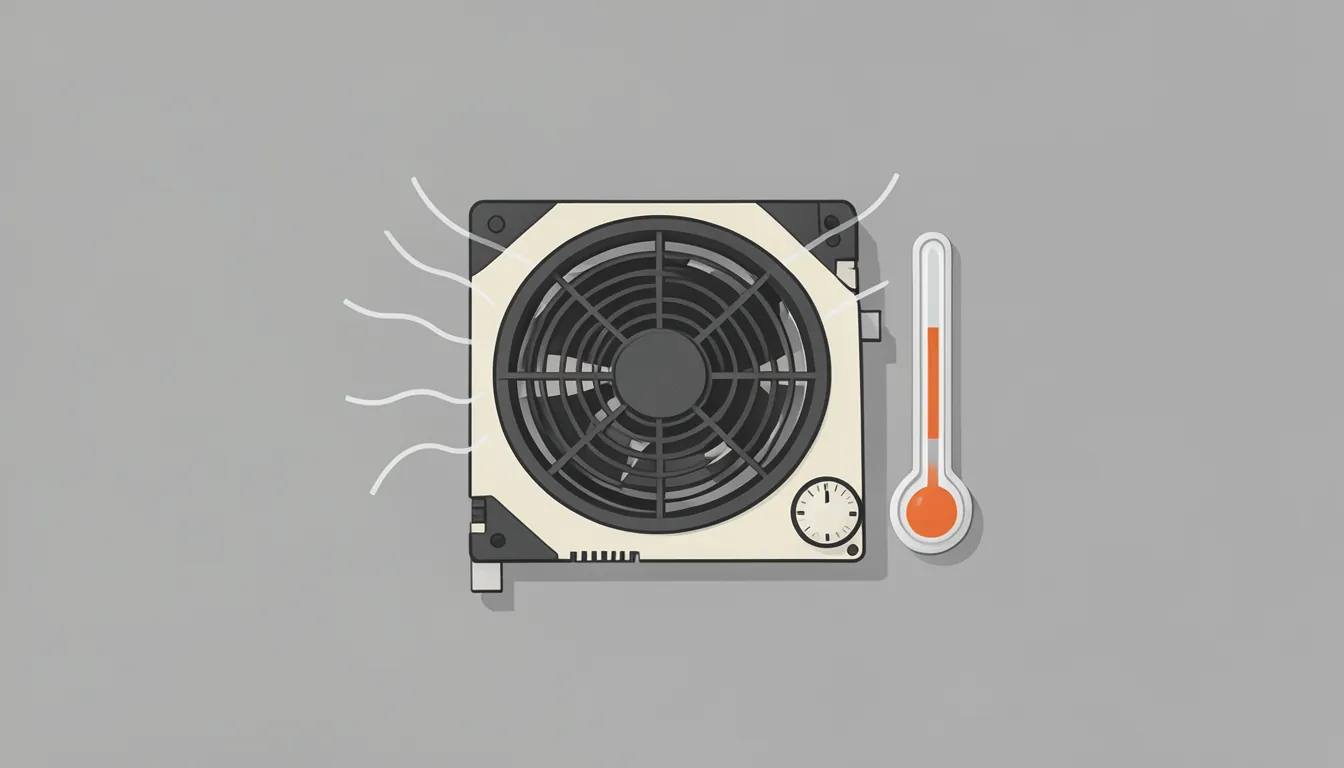 Illustration of a large fan in a shroud beside a thermometer, with air currents drawn as lines