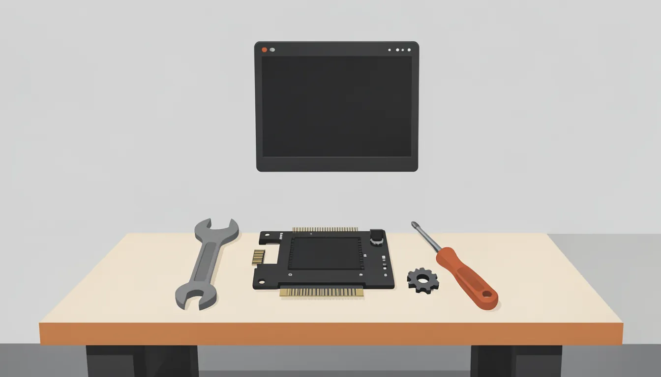 Illustration of a circuit board on a workbench with a wrench, screwdriver, gears and a blank screen