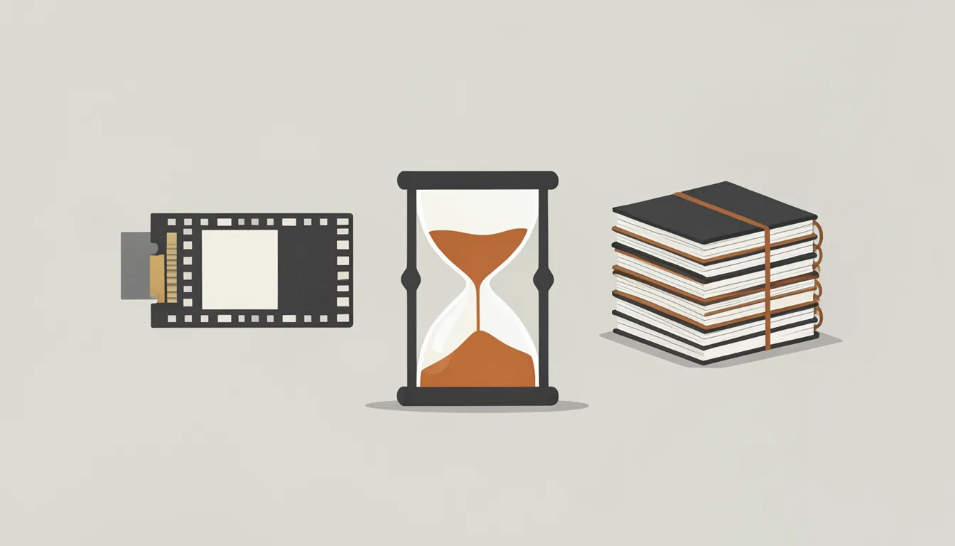 Illustration of a film strip and a stack of notebooks on either side of an hourglass