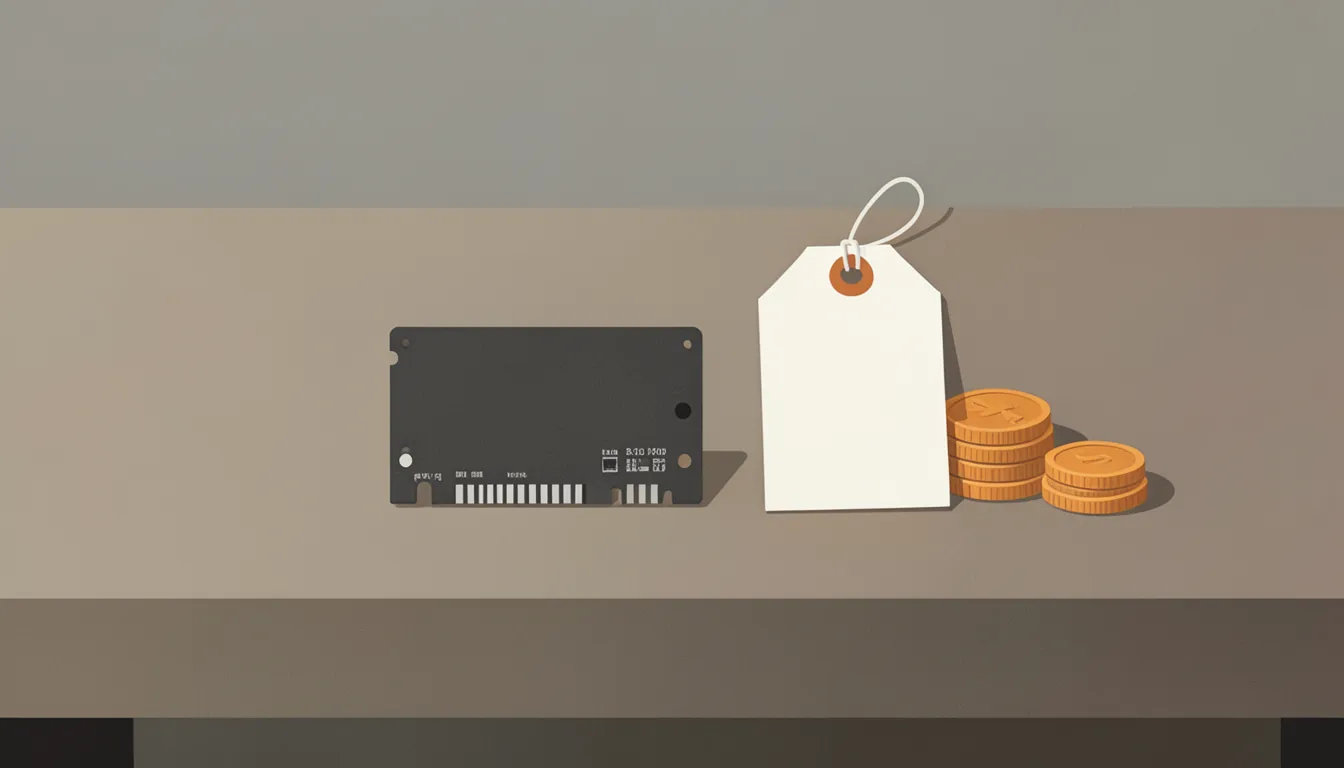 Illustration of a plain circuit card on a workbench beside a blank price tag and coins
