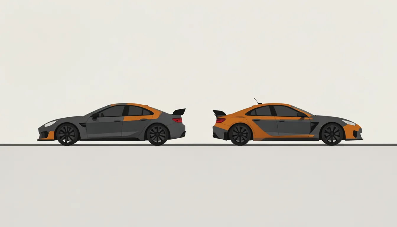 Illustration of two nearly identical race cars side by side