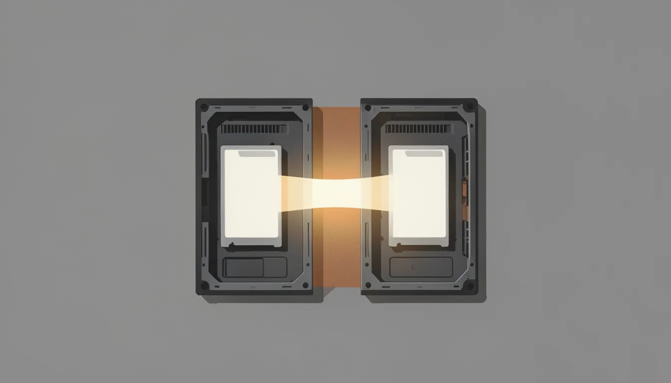 Illustration of two plain server cards side by side with a band of light flowing between them